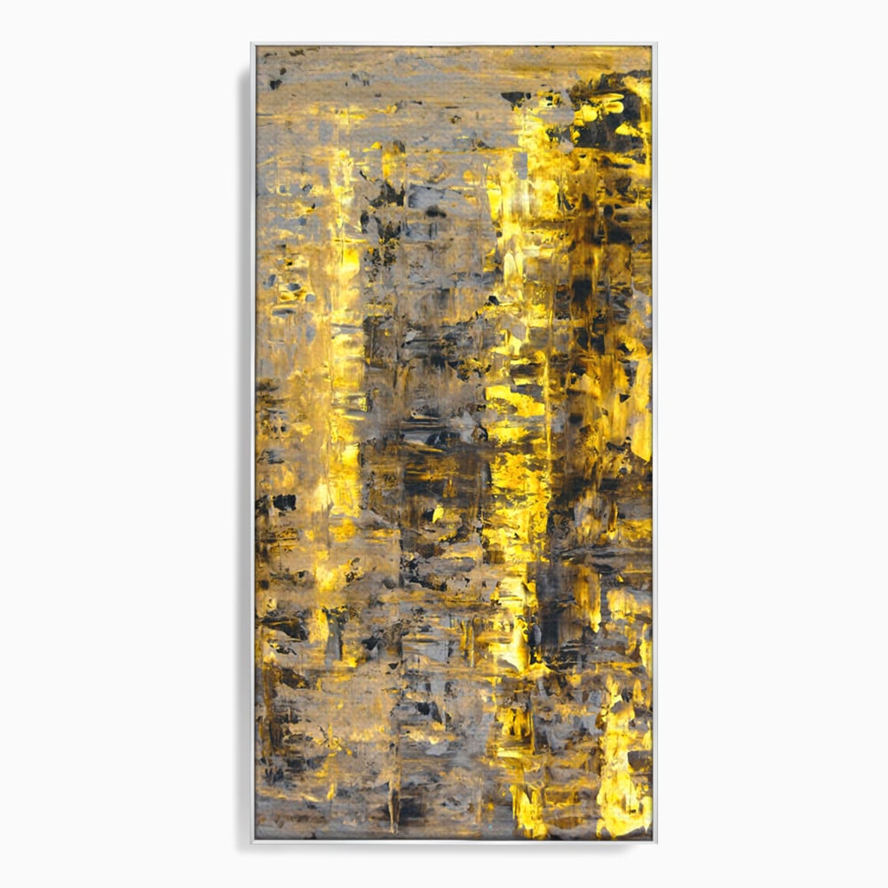 Tablou canvas cu pictura abstracta cu dungi aurii, in rama de aluminiu argintiu
